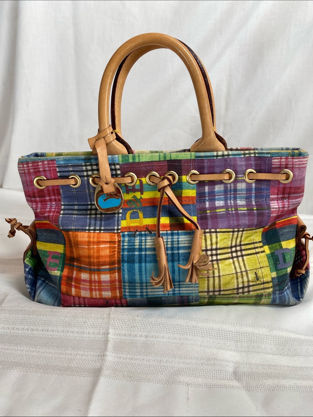 Dooney & Bourke Multicolor Plaid Patchwork Tote with Tan Leather Handles